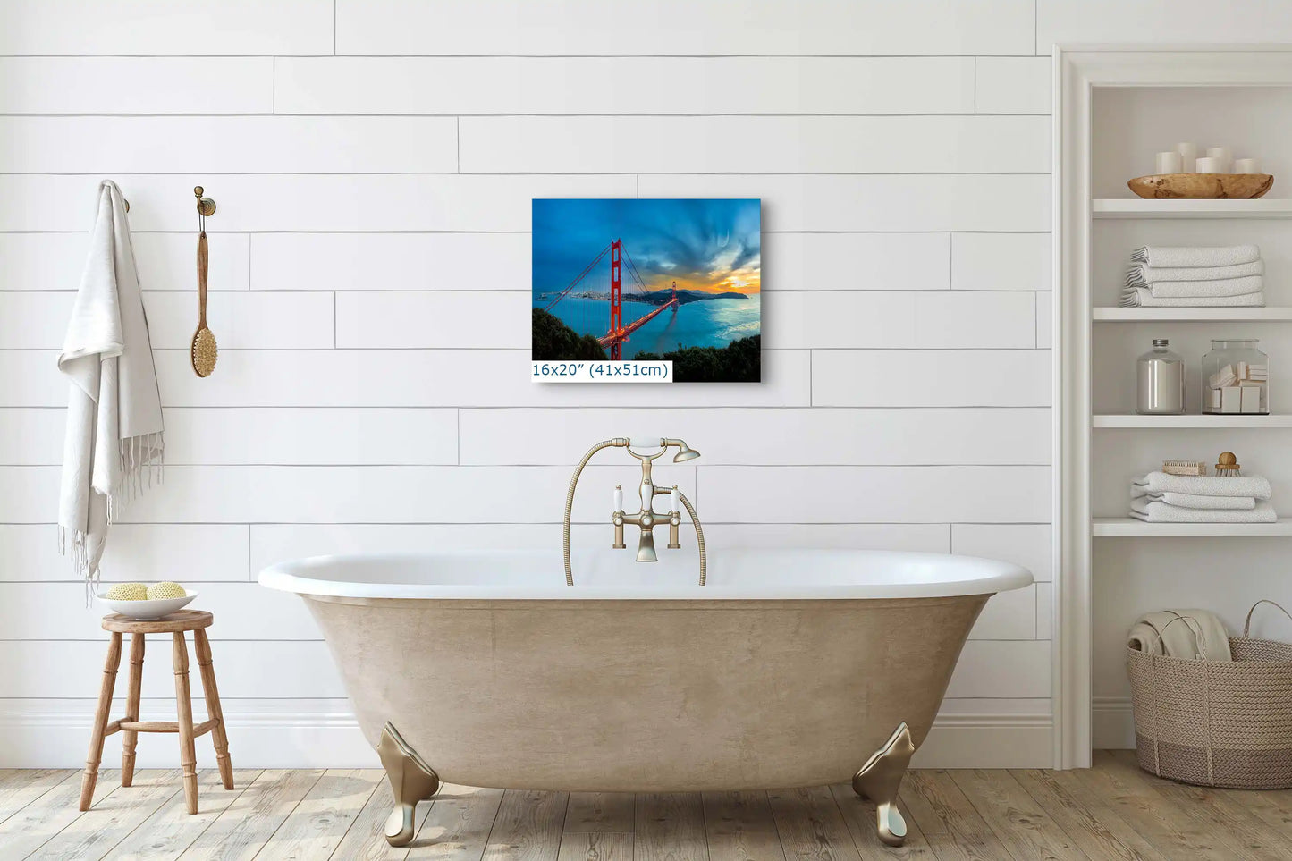 16x20-inch wall art in bathroom of Golden Gate Bridge