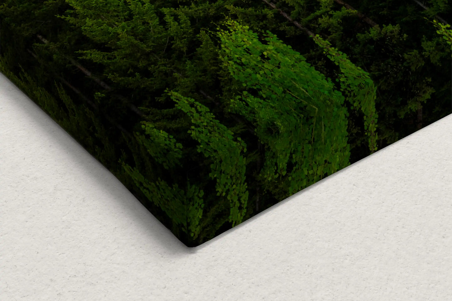 Detail of canvas edge with a lush green forest from the Teton Mountains and Snake River artwork.