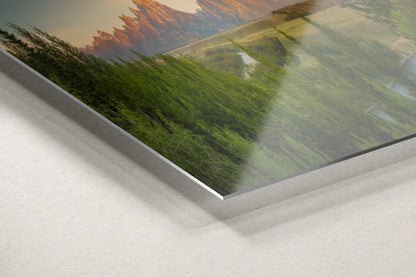 Close-up of aluminum metal corner showing a panoramic view of the Teton Mountains and Snake River at sunrise.