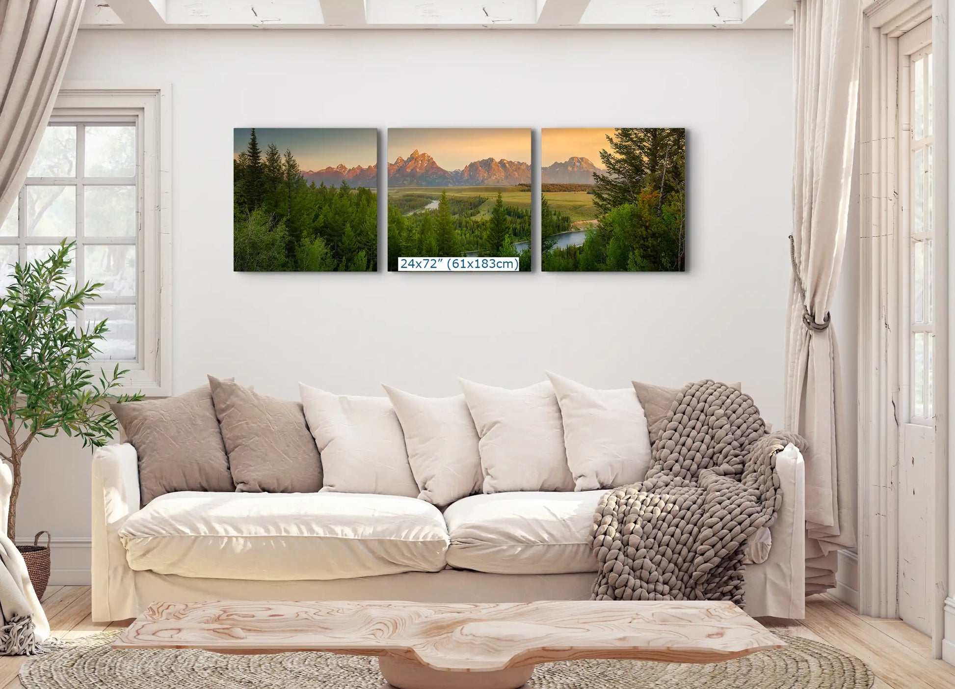 Three-piece 24x72 set of the Teton Mountains and Snake River, creating a continuous panoramic view in a cozy living room.