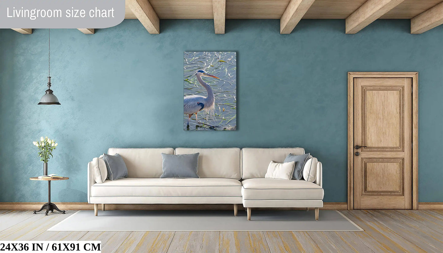 A large 24x36 inch canvas print of a great blue heron hanging over a sofa in a room, showcasing suitable wall art for living spaces.