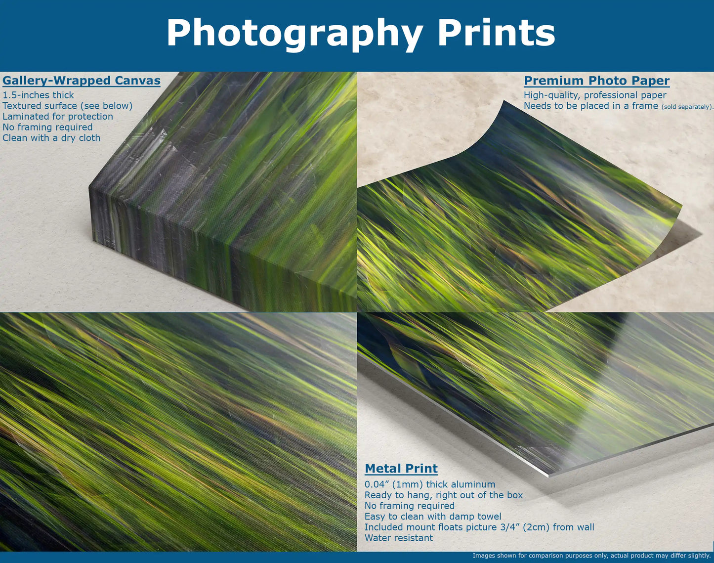 Comparison of wall art print mediums: a textured canvas wrap, a glossy premium photo paper, and a sleek metal print, all showcasing the same vibrant green abstract design.