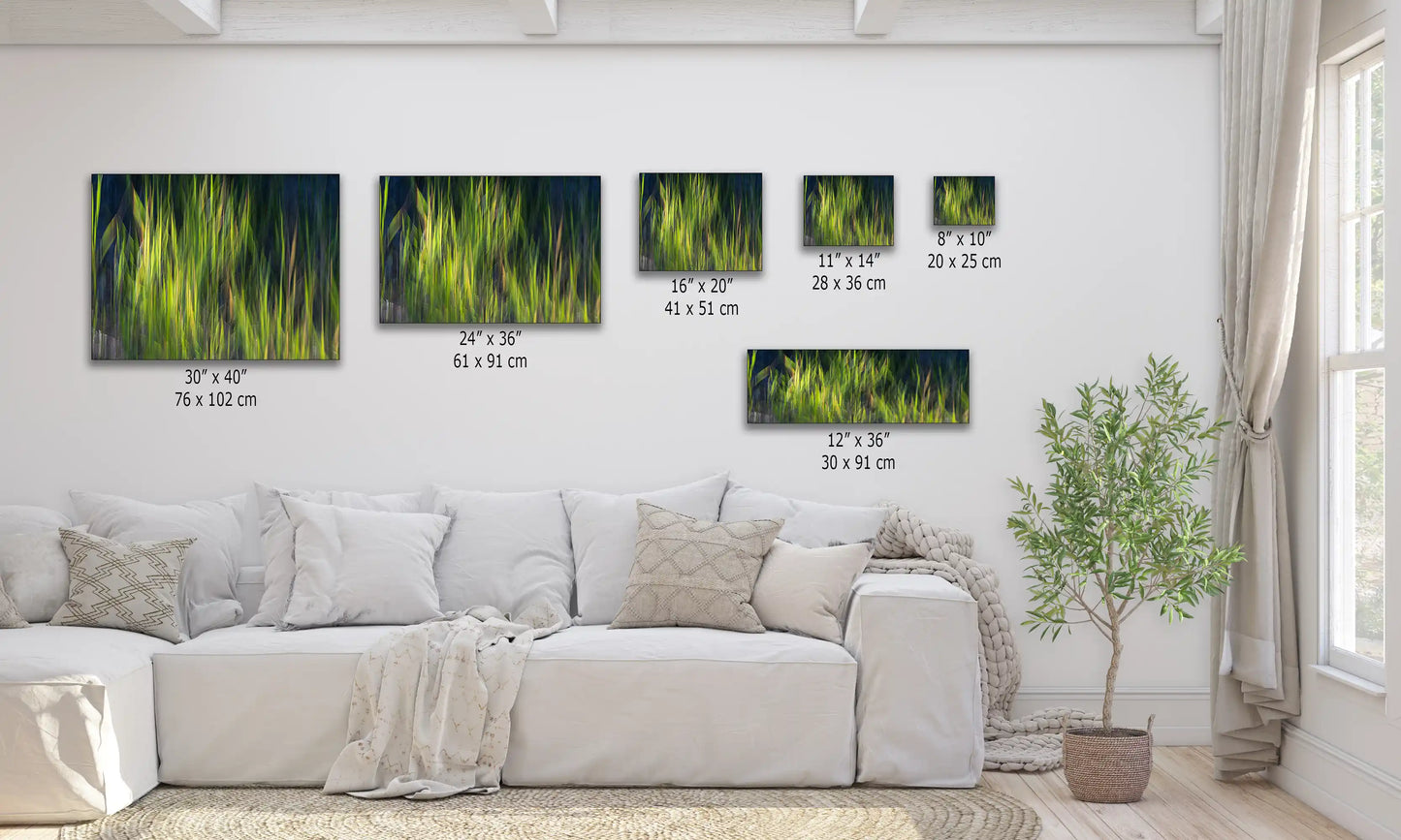 Various sizes of green abstract wall art displayed over a couch, demonstrating the scale from smallest (8"x10") to largest (30"x40"), all with the same energetic green and yellow strokes.