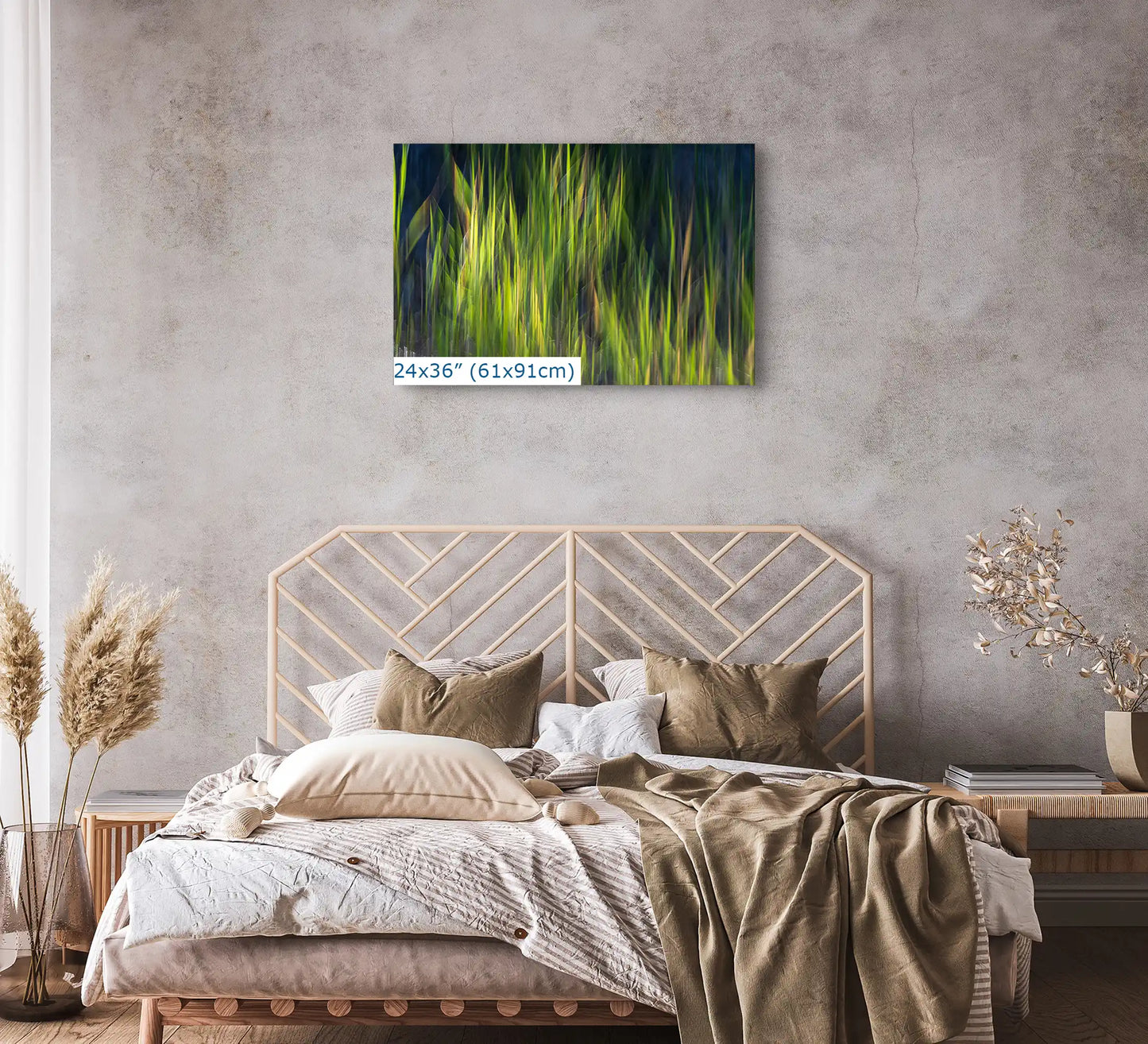 A 24"x36" abstract canvas print, with green and yellow tones reminiscent of waving grass, brings a calming yet vibrant element to the tranquil bedroom decor.