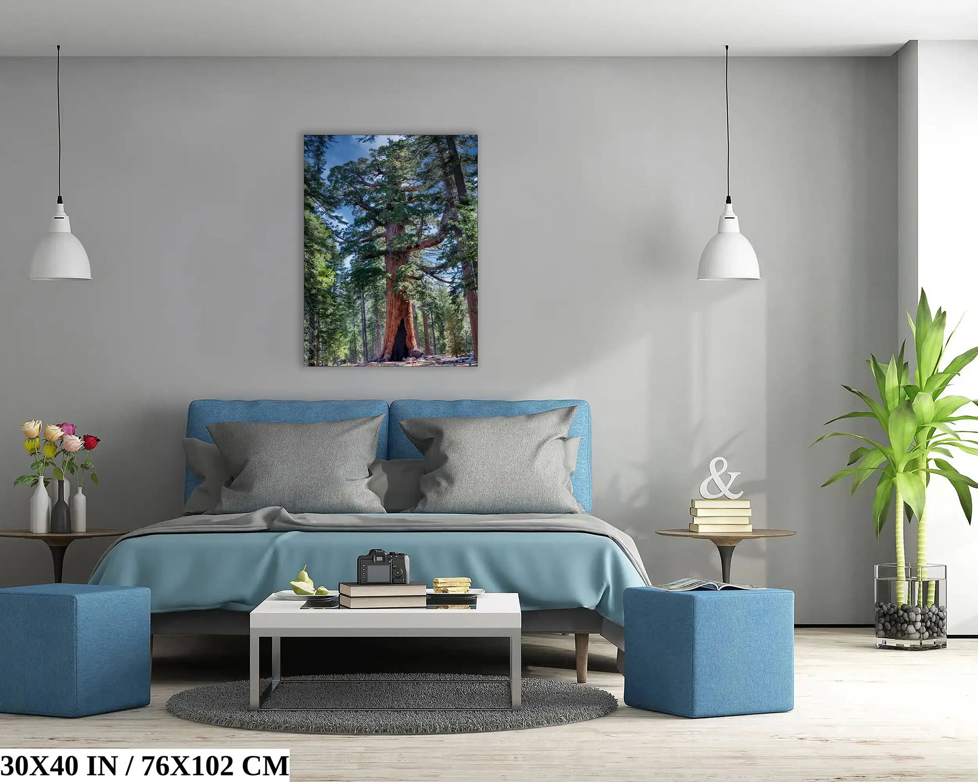 A 30x40 inch Grizzly Giant Sequoia wall art in a contemporary bedroom with blue and gray decor.