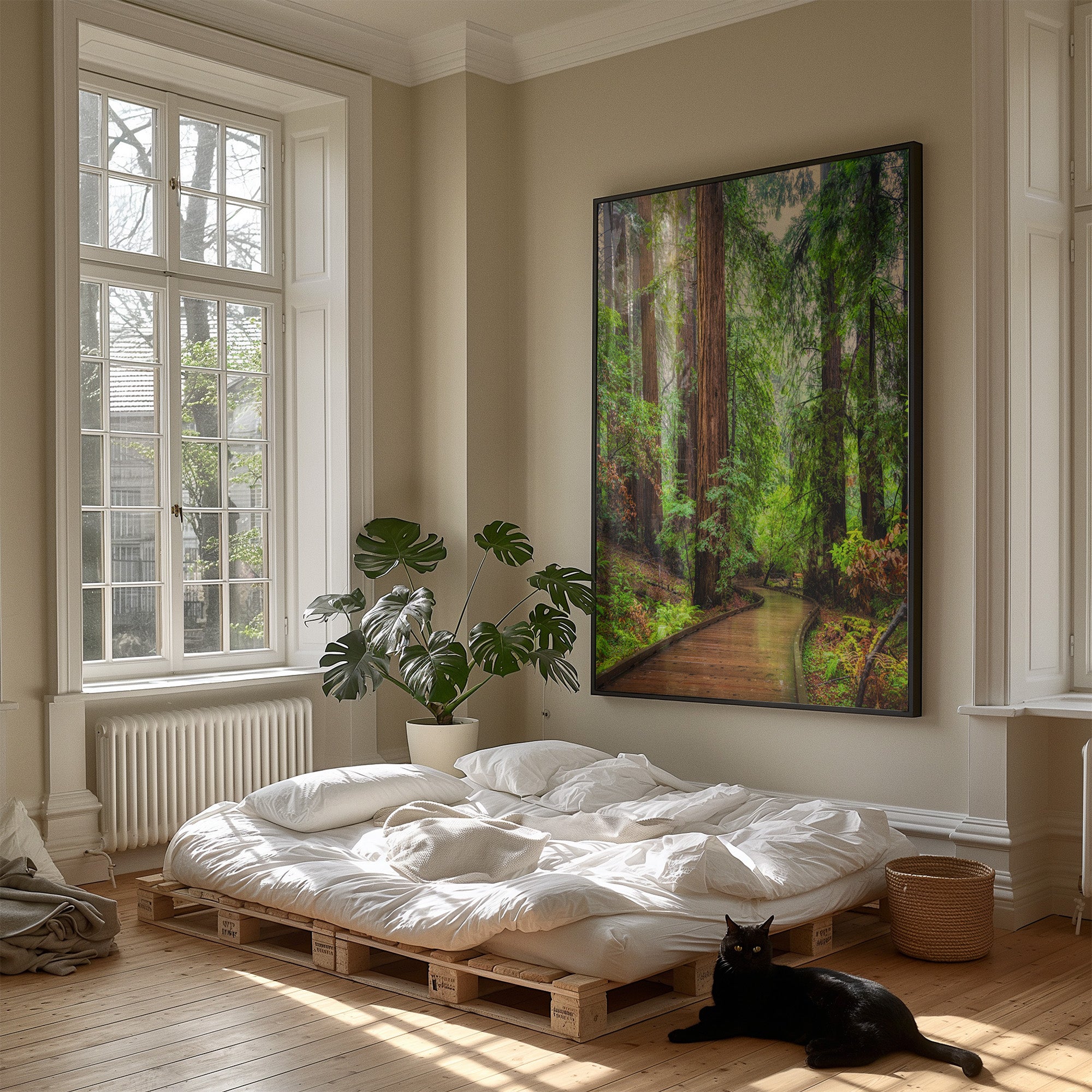A large vertical framed wall art print depicting a lush green redwood forest path, displayed on a beige wall in a modern, sunlit loft bedroom with a wooden pallet bed and a black cat.