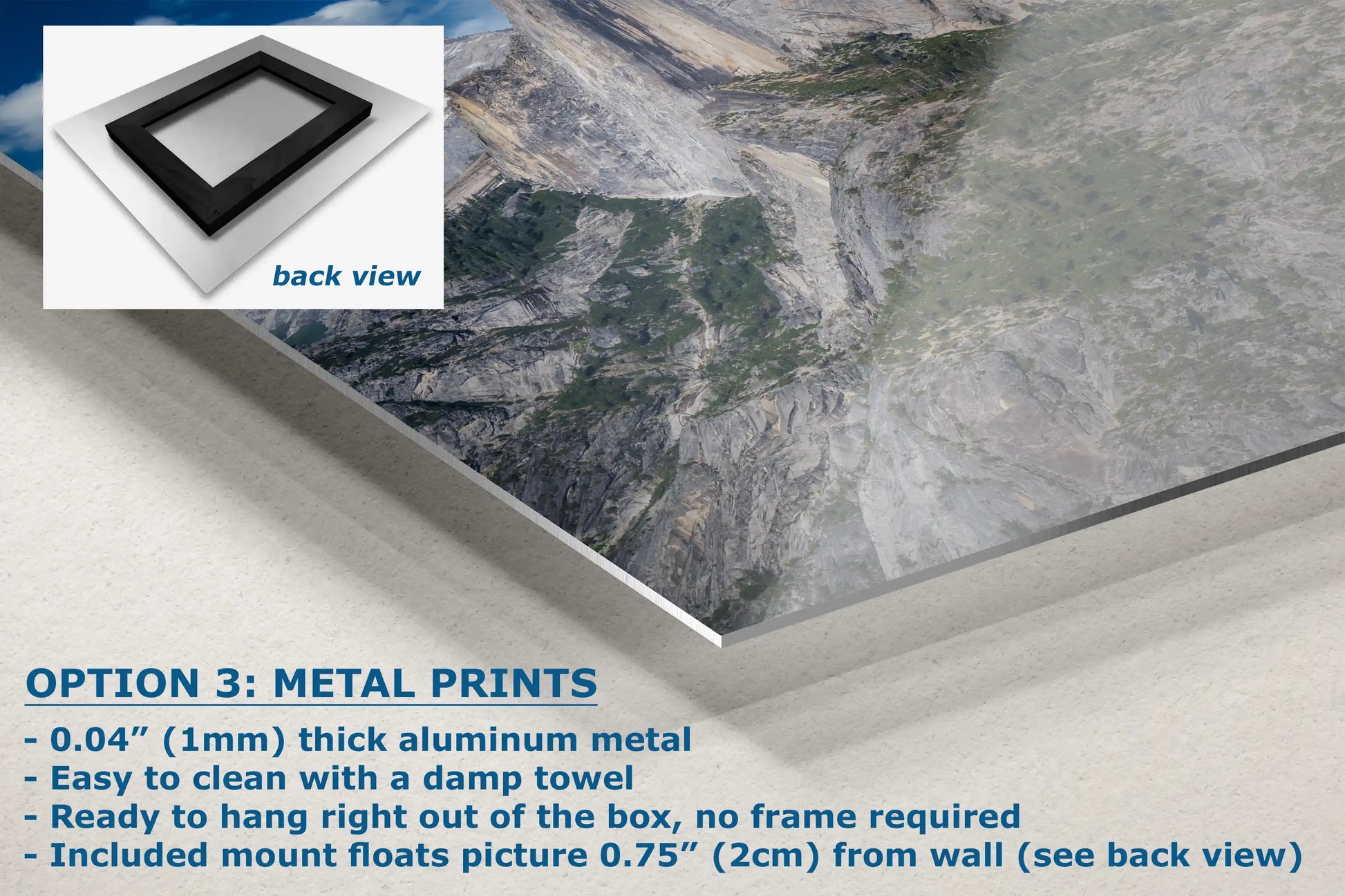 Aluminum metal print of Half Dome from Glacier Point, featuring a floating mount and easy-to-clean surface