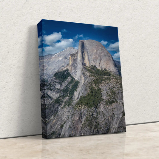 Canvas wall art of Half Dome from Glacier Point, side view leaning against a white background