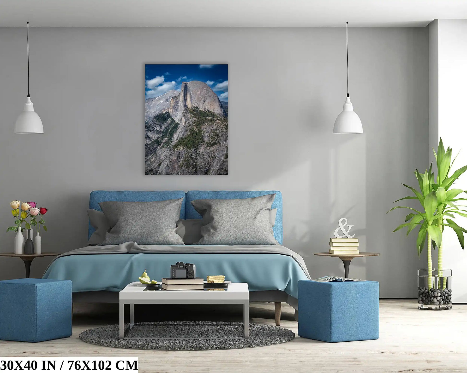 30x40 canvas print of Half Dome from Glacier Point in stylish bedroom decor, creating a serene environment