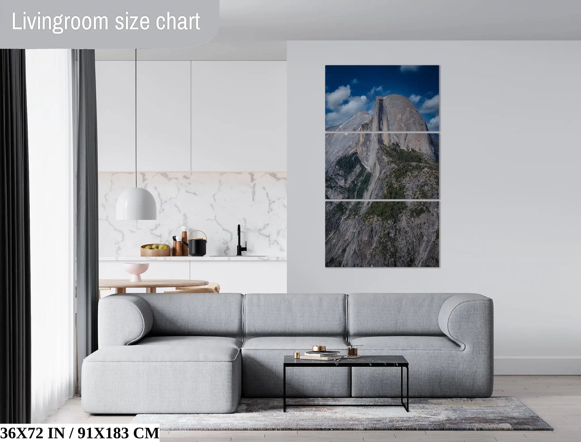 36x72 multi-panel wall art of Half Dome from Glacier Point in a spacious living room, adding a touch of luxury