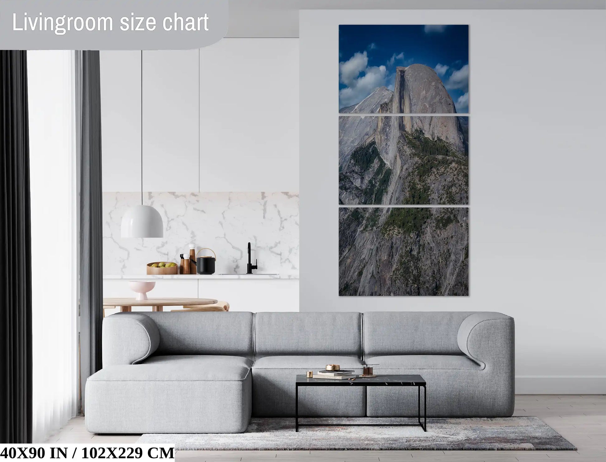 40x90 multi-panel wall art of Half Dome from Glacier Point in a spacious living room, adding a touch of luxury