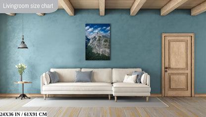 Large 24x36 inch canvas print of Half Dome positioned in a stylish living room, creating a stunning centerpiece that captures the essence of outdoor adventure.