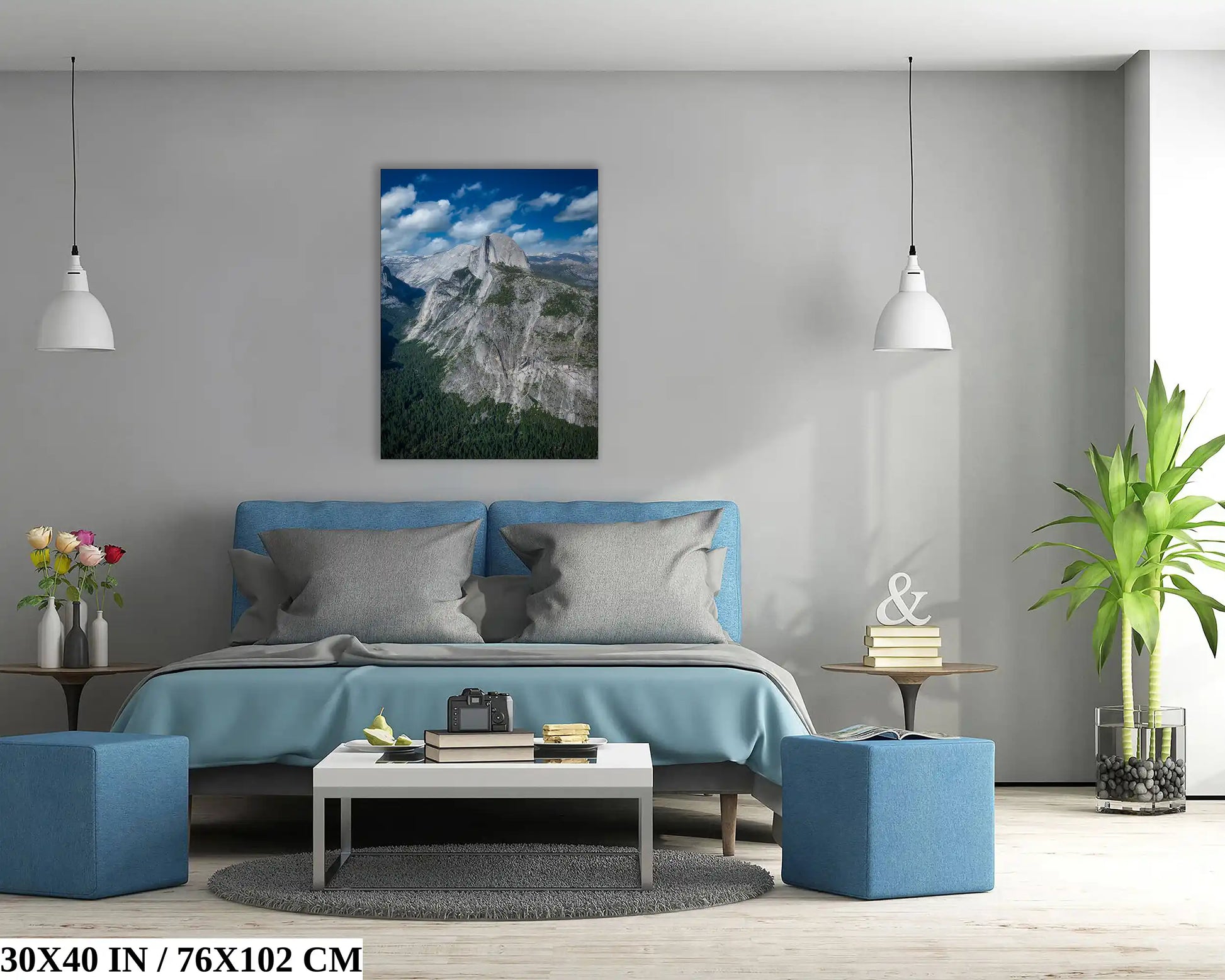 Striking 30x40 inch wall art of Half Dome positioned above a bed, making a bold statement in a contemporary bedroom setup with its impressive scale and vibrant imagery.