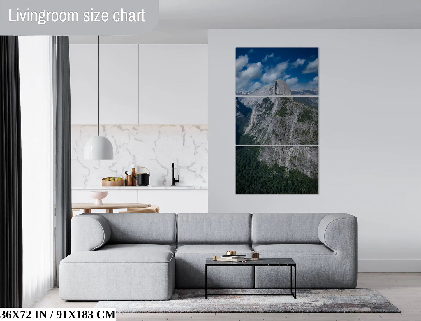 36x72-inch 3-piece triptych wall art of Half Dome in Yosemite National Park over a modern living room sofa.