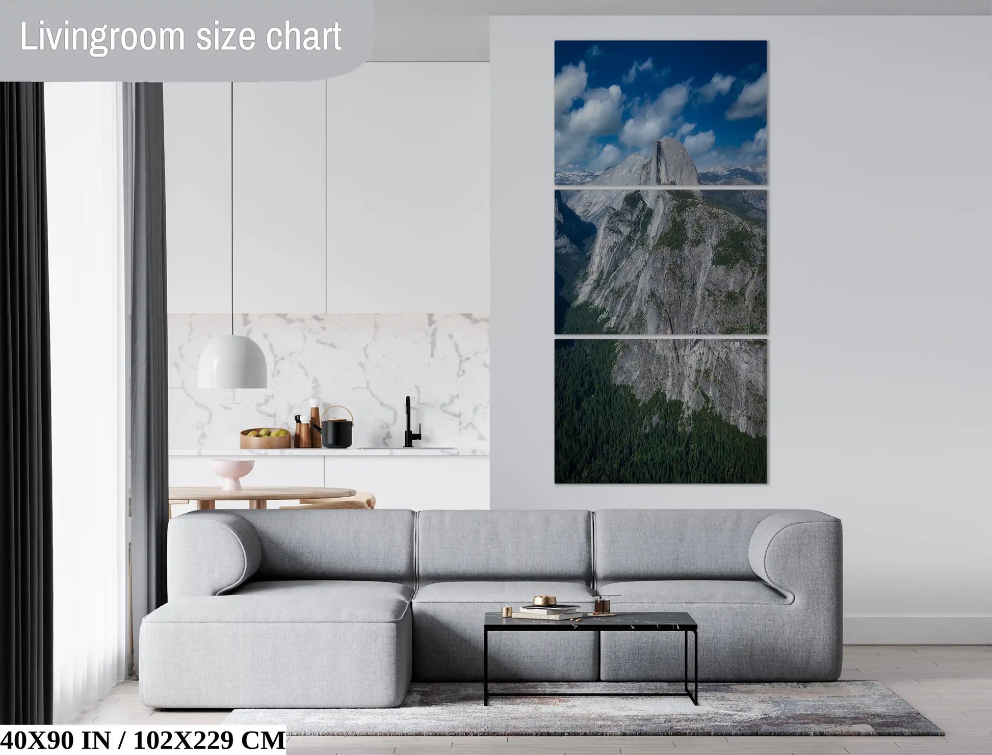 40x90-inch 3-piece triptych wall art of Half Dome in Yosemite National Park over a modern living room sofa.