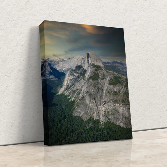 Stunning canvas print of Half Dome at sunset, ready to hang with no framing required, featuring a vivid portrayal of Yosemite's landscape bathed in sunset colors.