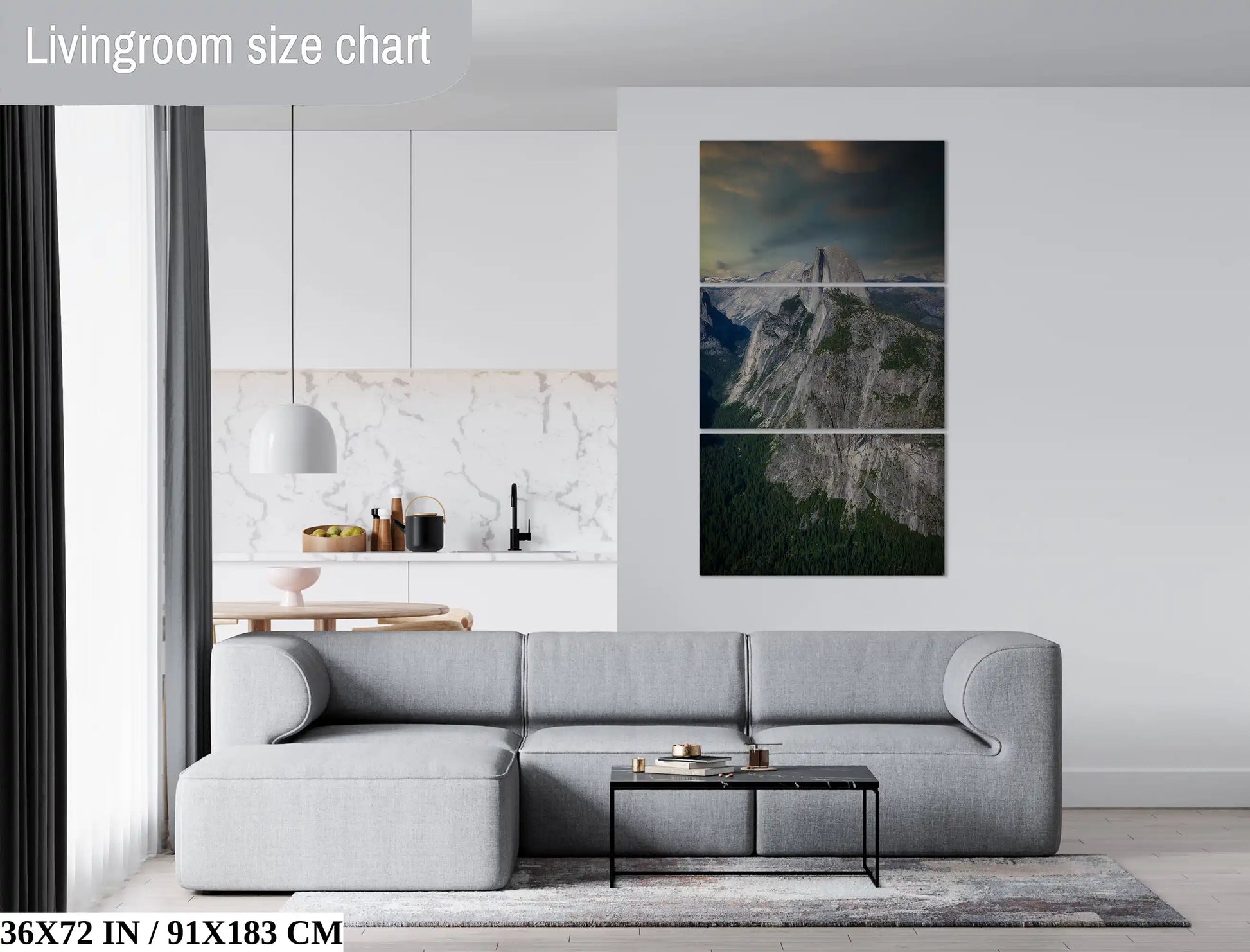 3-piece triptych wall art in 36x72 inches of Half Dome in Yosemite National Park at Sunset shown over a modern living room couch.