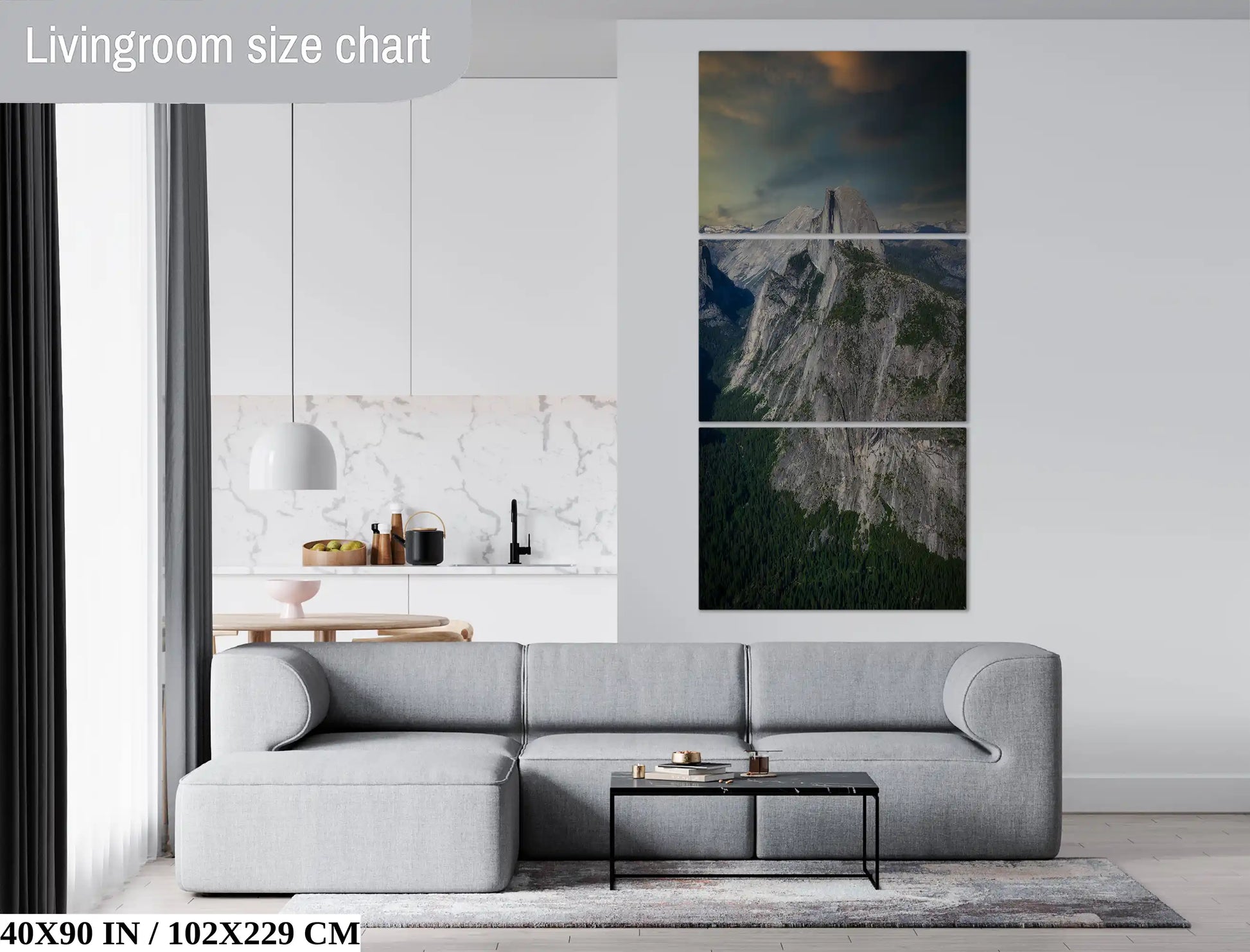 3-piece triptych in 40x90-inch wall art of Half Dome in Yosemite National Park at Sunset shown over a modern living room couch.