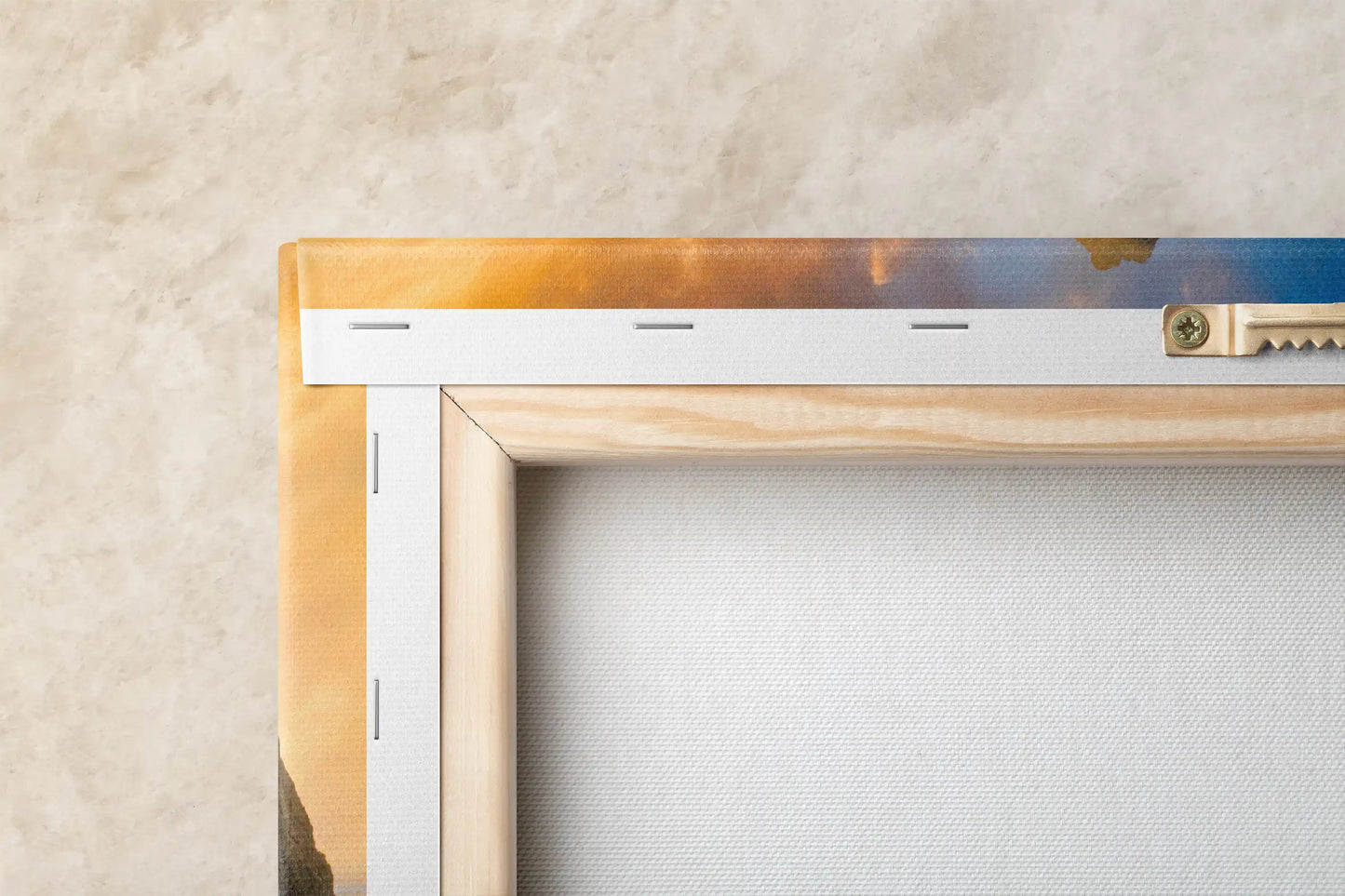 A detailed view of the back of a Keyhole Arch canvas print, showing the solid construction and edge of the sunset image.