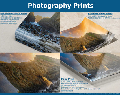 Comparison of the Keyhole Arch print on different mediums: gallery-wrapped canvas, premium photo paper, and metal print, highlighting the texture and finish.