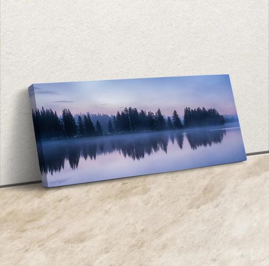 Lake Reflection Foggy Forest Print, Yellowstone Decorations