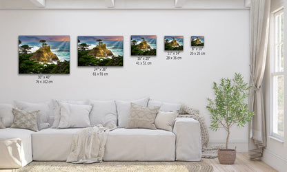 Lone Cypress Photograph Wall Decorations in multiple sizes shown over a living room couch