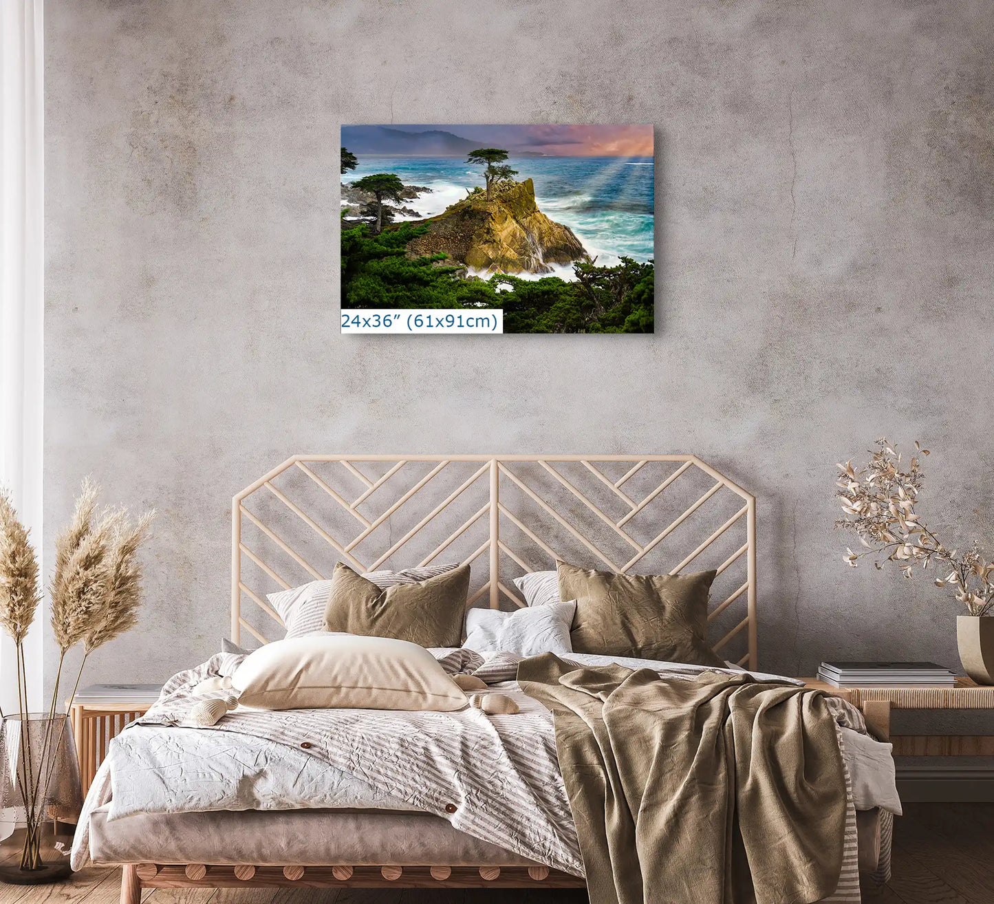 Lone Cypress Photograph Wall Decor shown in 24x36 in a bedroom