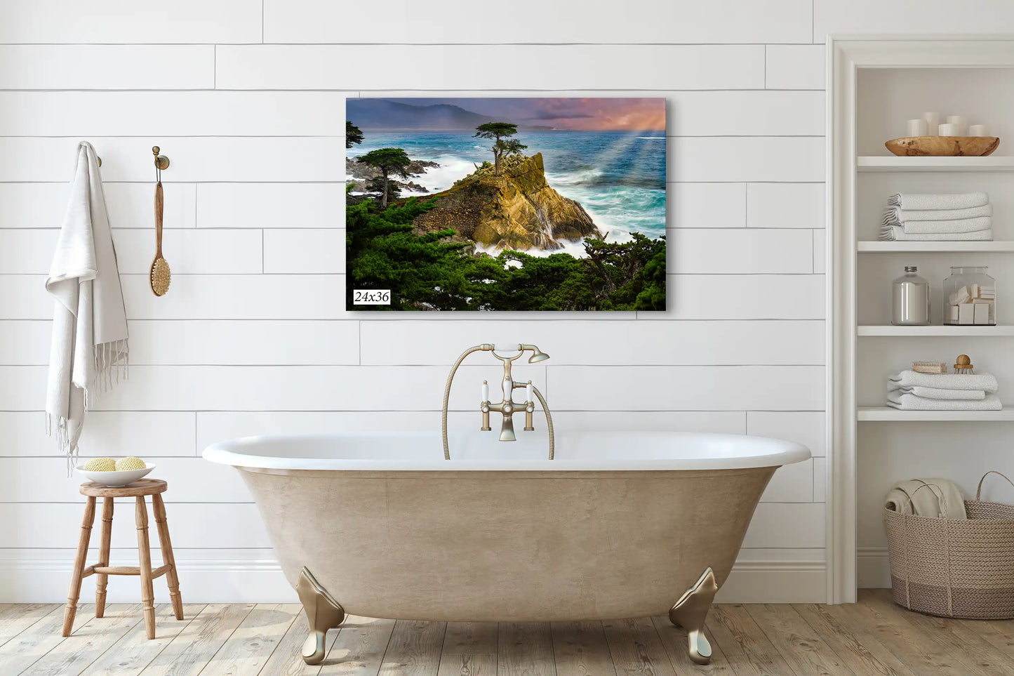 Lone Cypress Photograph Wall Decor shown in 24x36 over a bathroom tub