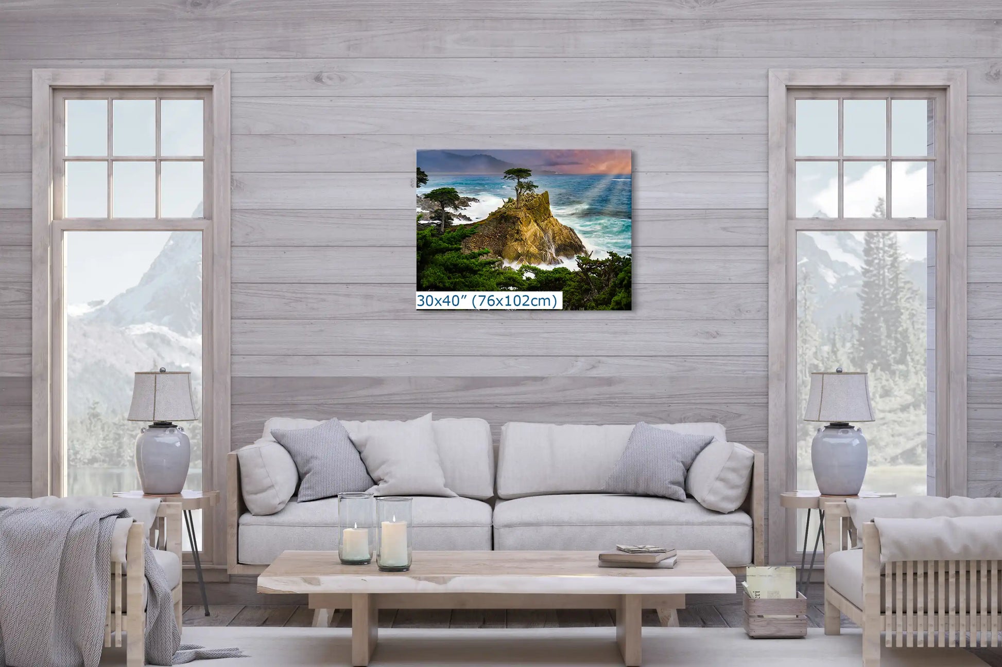 Lone Cypress Photograph Wall Decor shown in 30x40 over a living room couch