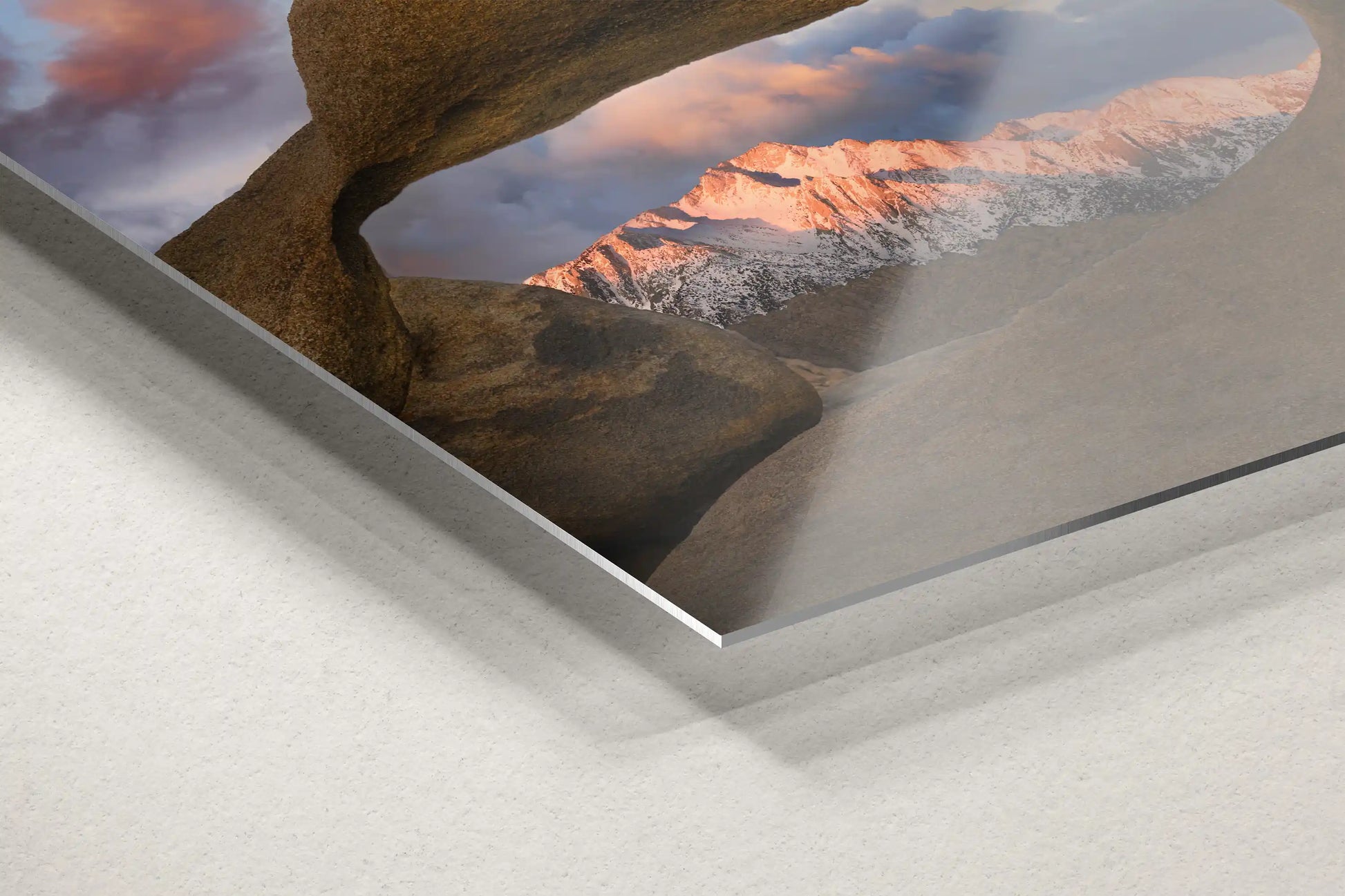 Detailed close-up of a metal print edge, emphasizing the durability while displaying Lone Pine Peak through Mobius Arch.Texture detail of canvas print edge, highlighting the quality craftsmanship of the Lone Pine Peak through Mobius Arch art piece.