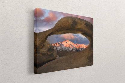 Side view of canvas wall art hanging, projecting the depth of the natural world into your space, with Lone Pine Peak through Mobius Arch as a serene focal point.