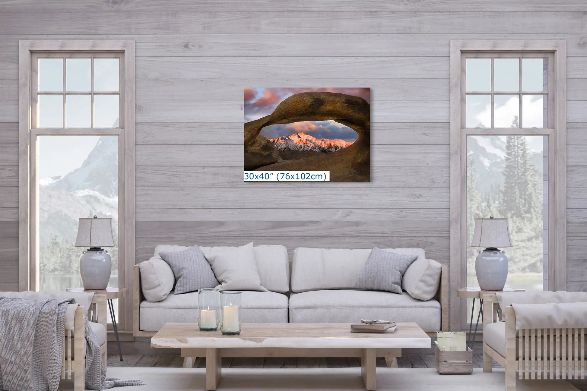 Spacious living room featuring a 30x40 canvas of Lone Pine Peak through Mobius Arch, complementing a comfortable seating area.