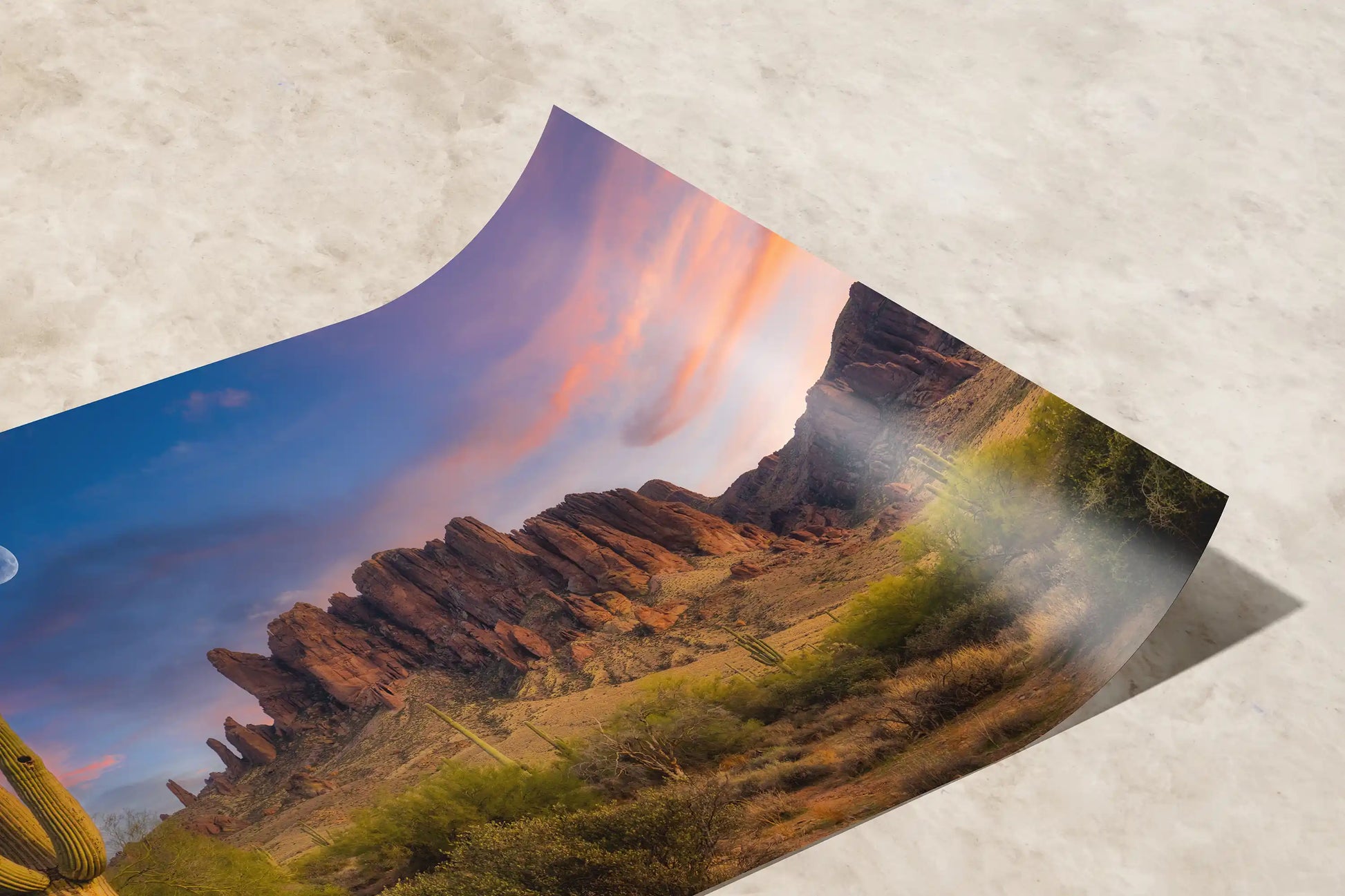 A curved paper print example of the Superstition Mountains at Lost Dutchman State Park featuring a prominent Saguaro cactus against a vibrant sunset sky.