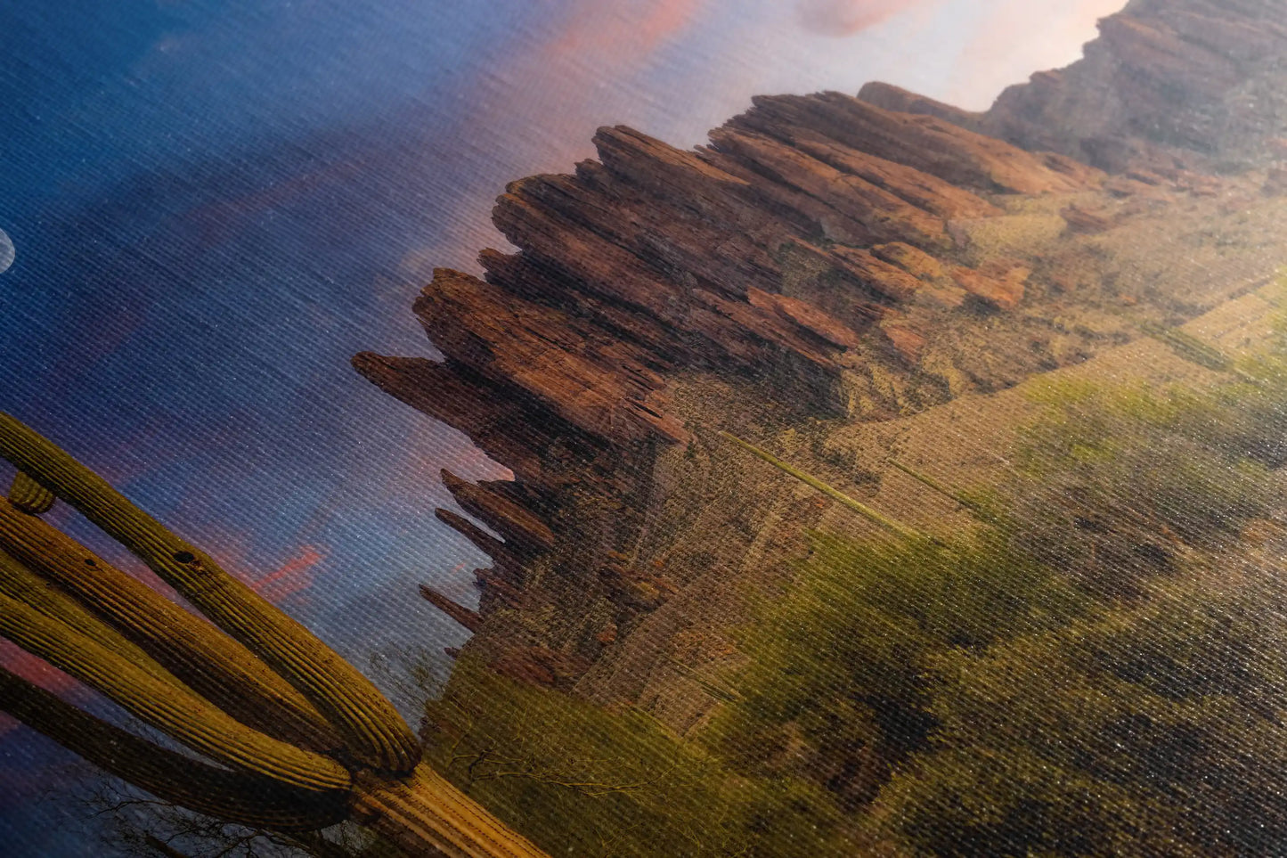 Detailed canvas close-up of the Superstition Mountains at Lost Dutchman State Park with a Saguaro ca