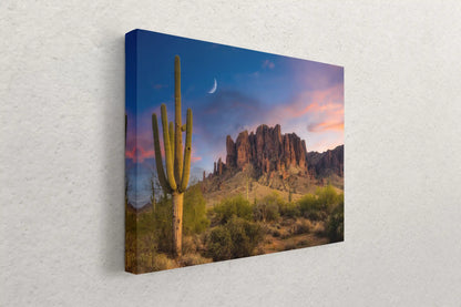 A side view of a canvas print with a Saguaro Cactus against the Superstition Mountains at sunset, bringing Arizona's charm to your decor.