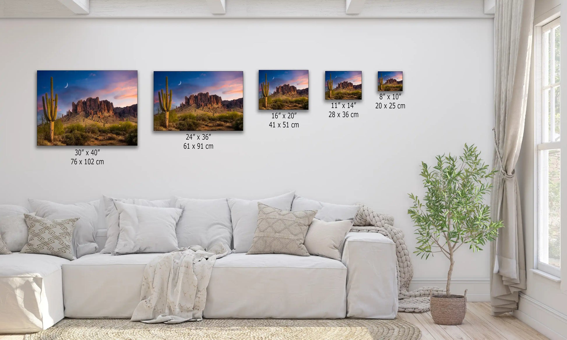 Various sized canvas prints of a Saguaro Cactus Sunset at Arizona's Superstition Mountains, perfect for creating a tailored desert ambiance.