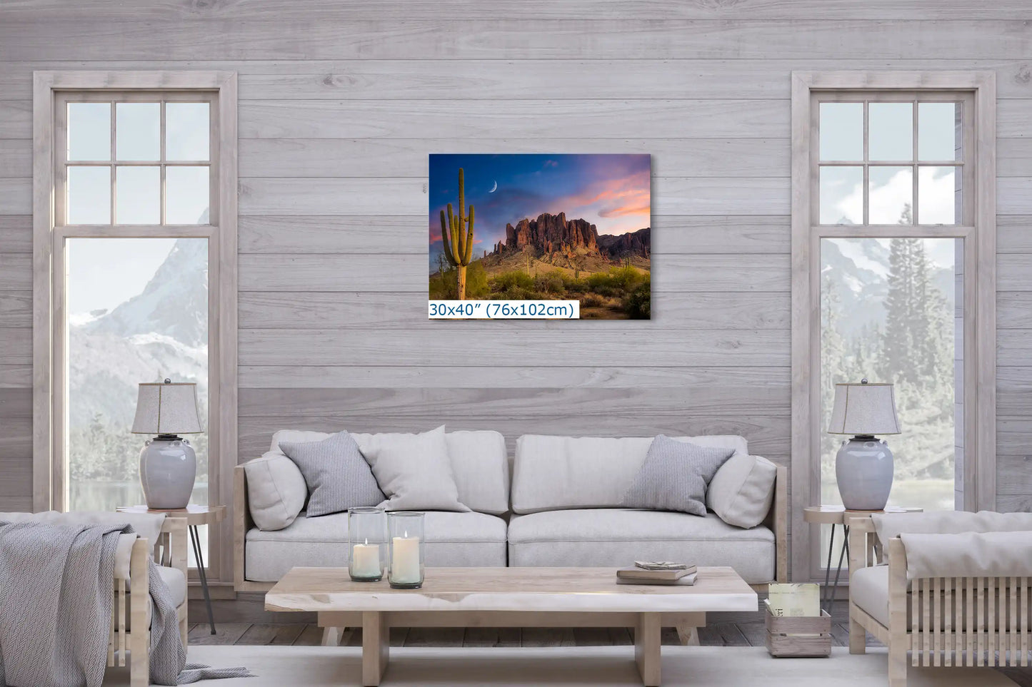 A 30x40 canvas art of a Saguaro Cactus Sunset at Superstition Mountains, Arizona, commanding attention in a cozy living room.