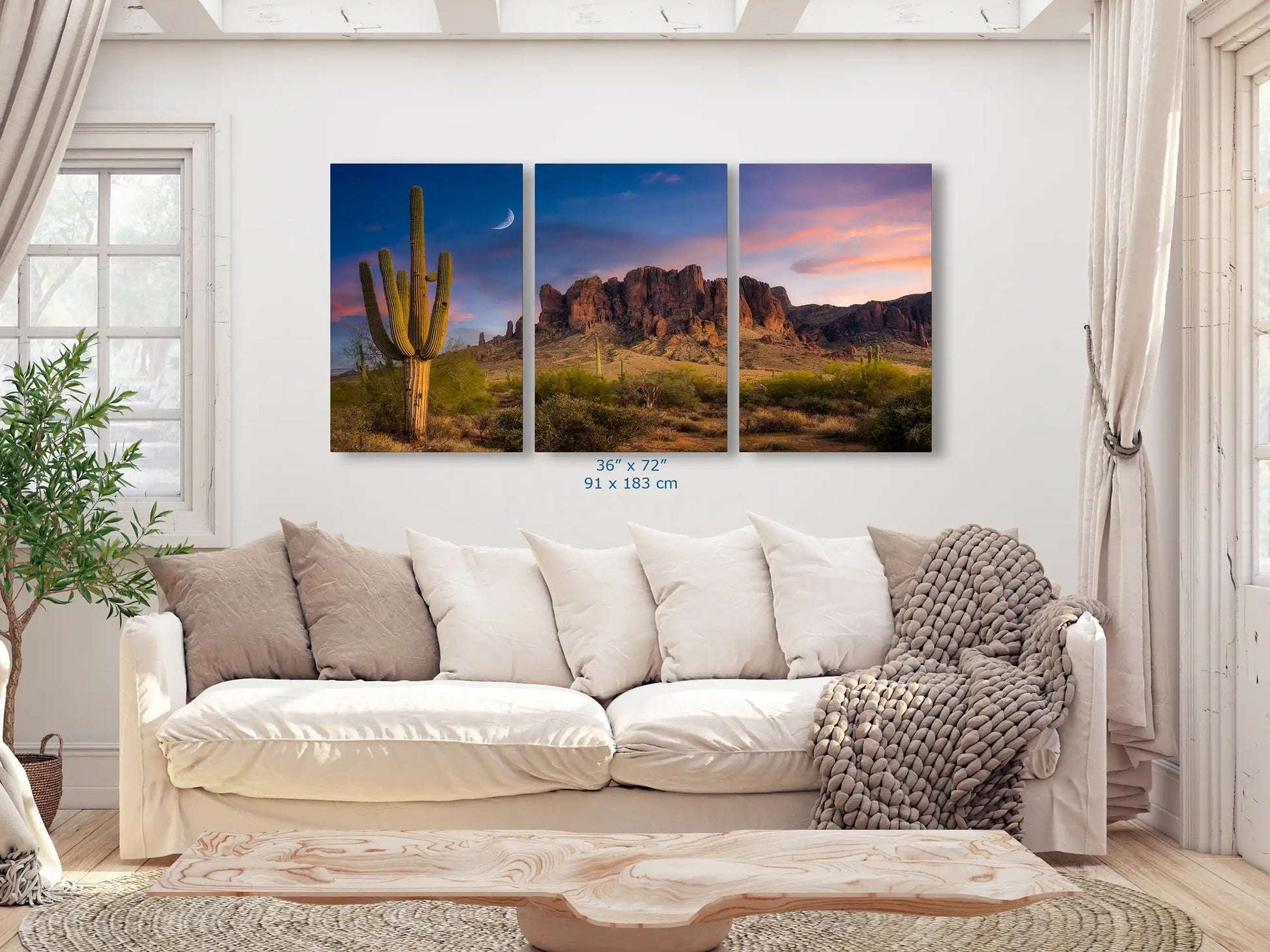 A grand 36x72 canvas featuring the Saguaro Cactus Sunset at Arizona's Superstition Mountains, perfect as a living room centerpiece.