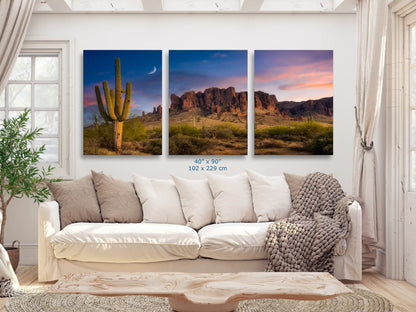 A breathtaking 40x90 canvas print showcasing the Saguaro Cactus Sunset at Superstition Mountains, Arizona, for an immersive living room experience.