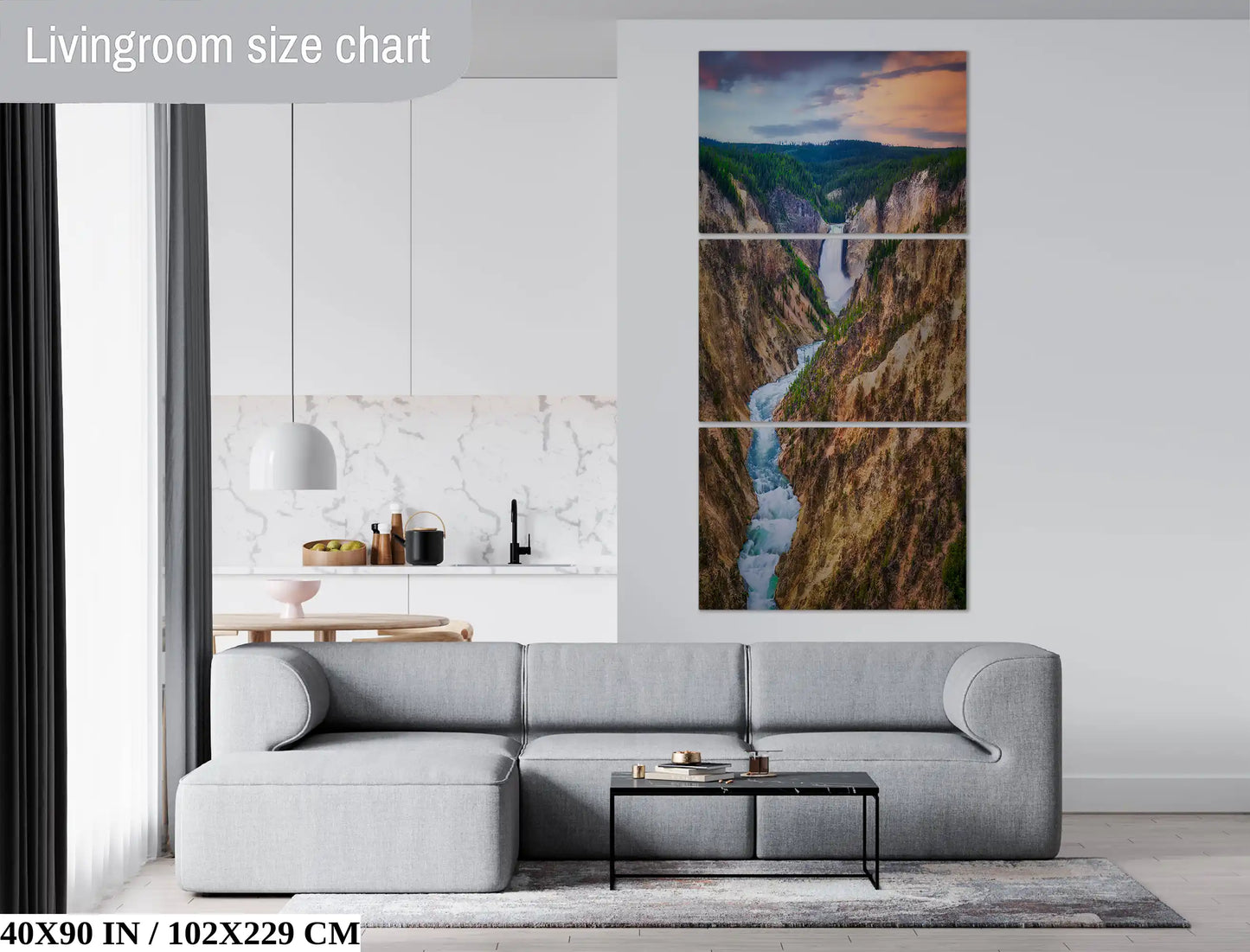 An impressive 40x90 inch wall art of Lower Yellowstone Falls at sunset in a modern living room, serving as a captivating centerpiece.