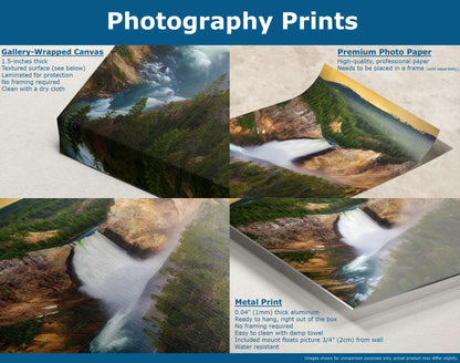 Comparison of Lower Yellowstone Falls printed on gallery-wrapped canvas, premium photo paper, and metal print, displaying the image&#39;s versatility.