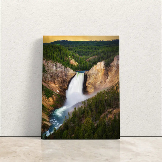 Front-facing view of a large canvas print showing the Lower Yellowstone Falls at sunset, emphasizing the fall&#39;s grandeur against a forest backdrop.
