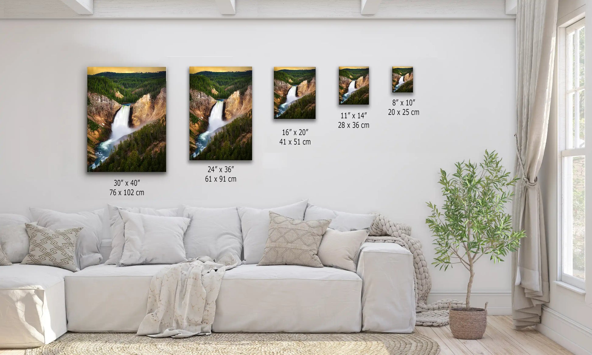 Size chart for wall art of Lower Yellowstone Falls at sunset, ranging from small to large prints, showcasing the art in a home setting.