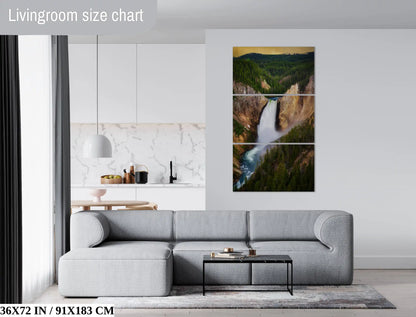 Oversized 36x72 inch living room canvas print featuring Lower Yellowstone Falls at sunset, making a dramatic statement piece.