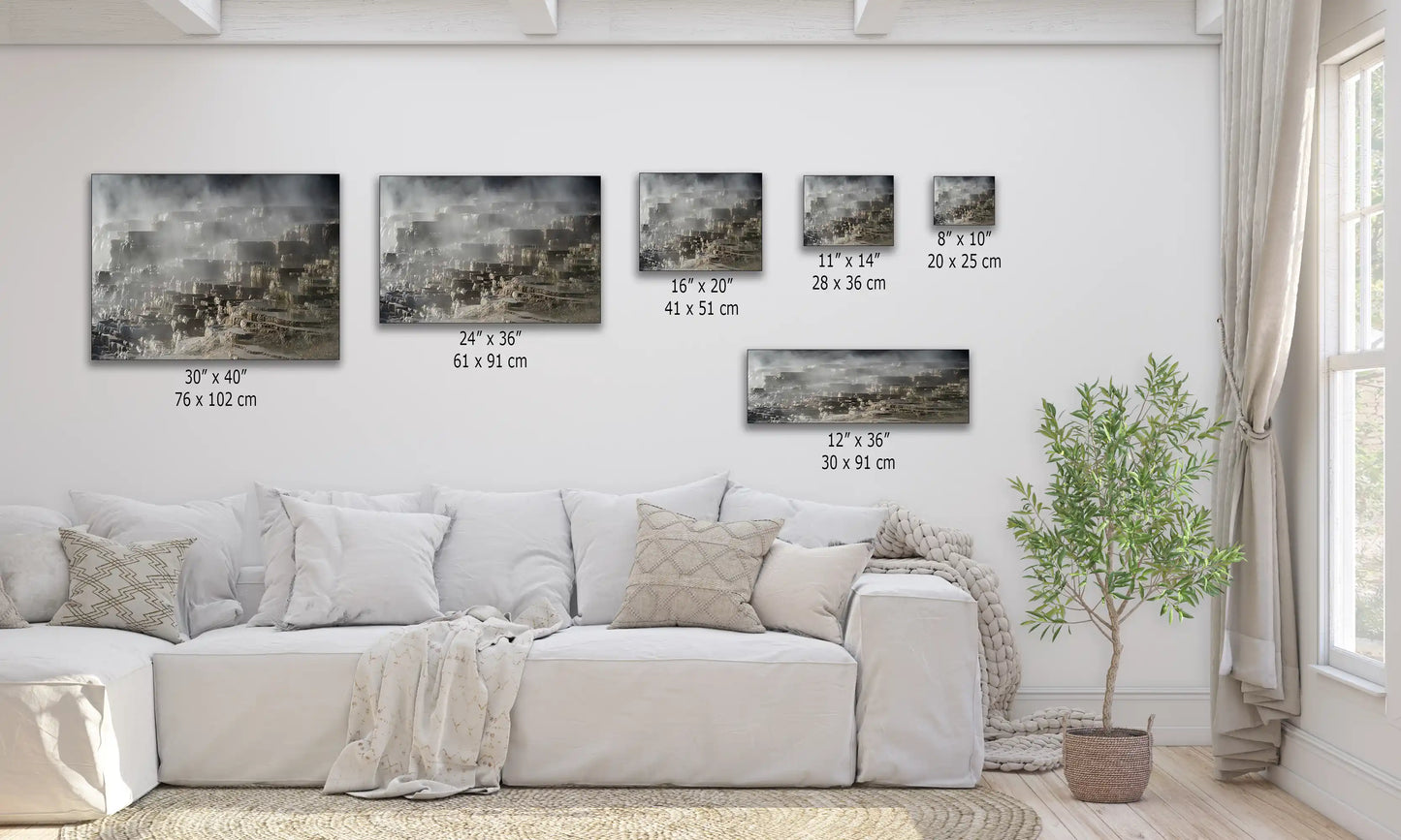Wall art size comparison chart showing various canvas prints of Mammoth Hot Springs Terraces in a living room setting.