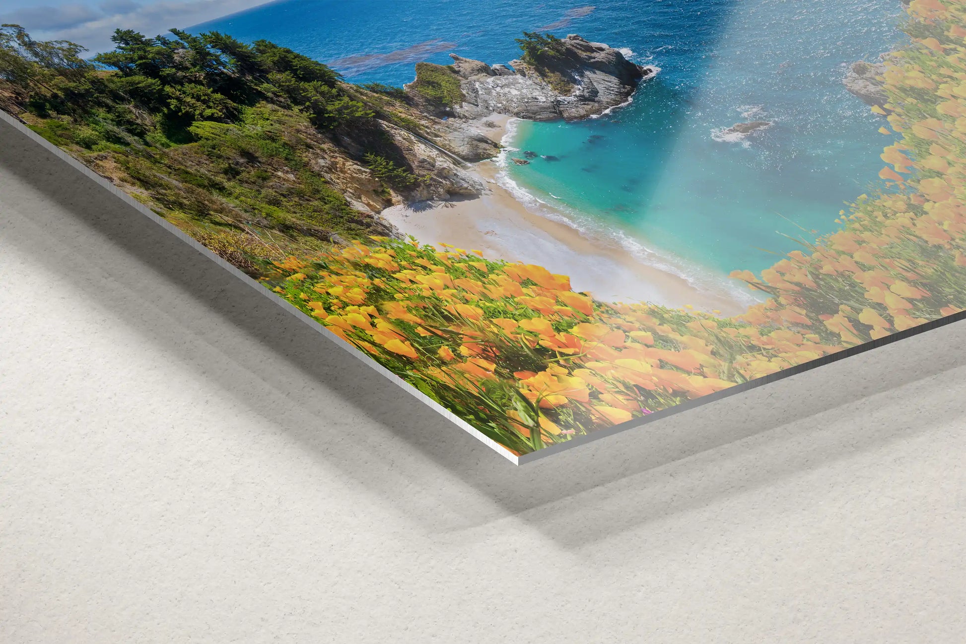 A metal print print of McWay Falls in Big Sur, resting on a floor, showcasing the waterfall, blue sea, and orange flowers spilling off the edge.