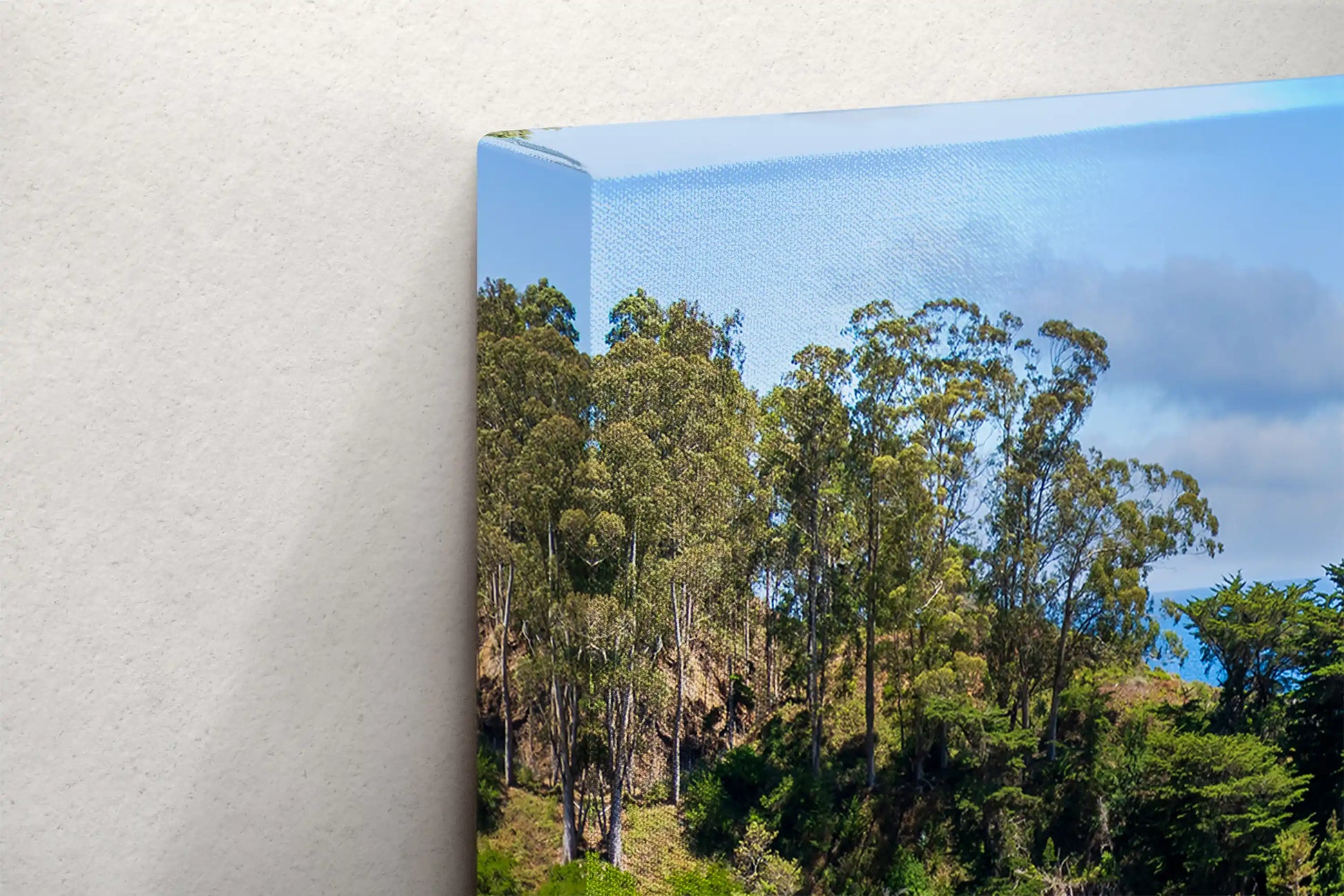Side view of a canvas print depicting the lush greenery and serene ocean of McWay Falls in Big Sur.