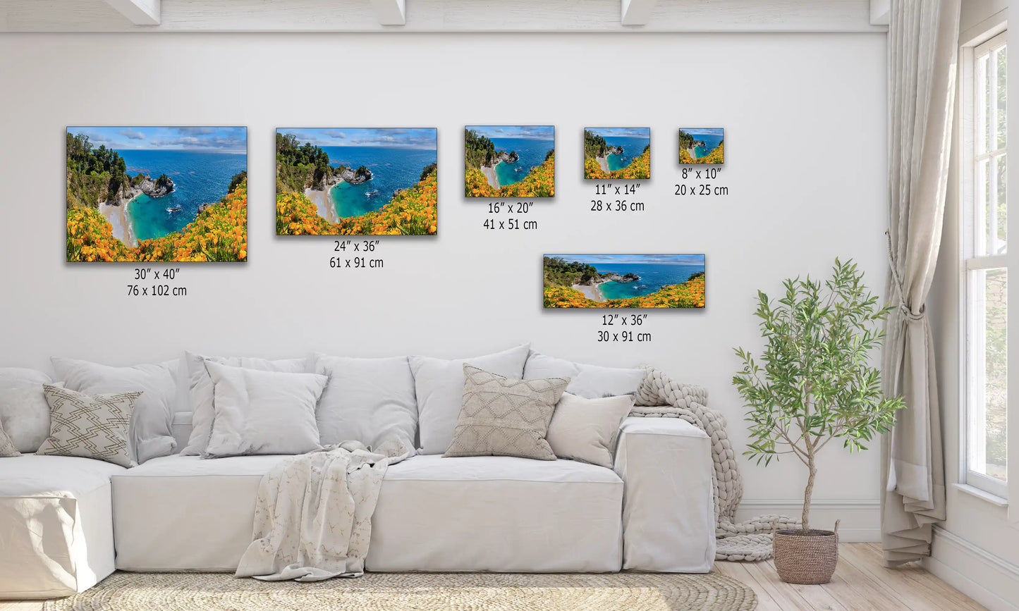A display of various sized canvas prints of McWay Falls at Big Sur, indicating dimensions for home decor arrangement.