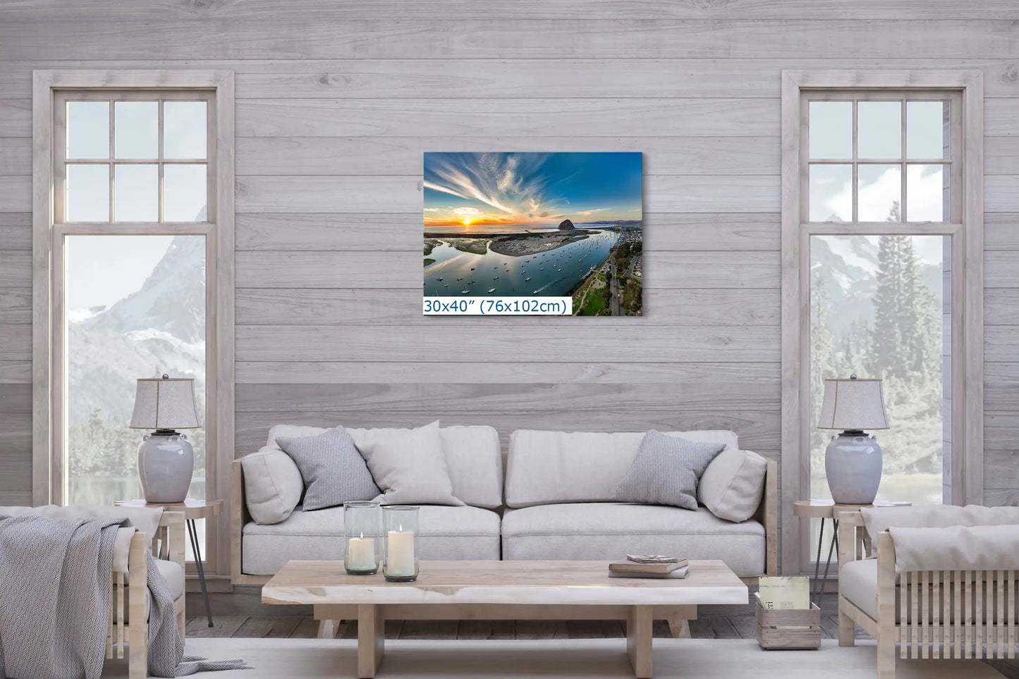 Large 30x40 canvas in a living space, showcasing Morro Bay's aerial view, a gift of decoration that celebrates the outdoors and coastal serenity.