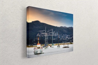 Morro Bay's canvas artwork on display, its side view showing the sturdy wraparound and the vivid sunrise that greets the serene harbor.